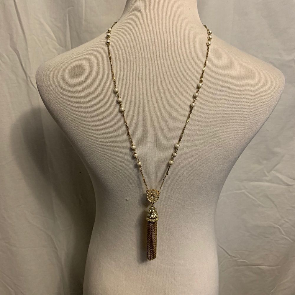 Gold and Pearl Long Tassel Necklace